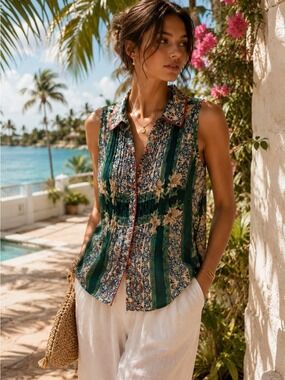 NWOT TAJ by Sabrina Crippa Sleeveless Printed Boho Resort Tank Blouse Top Sz L